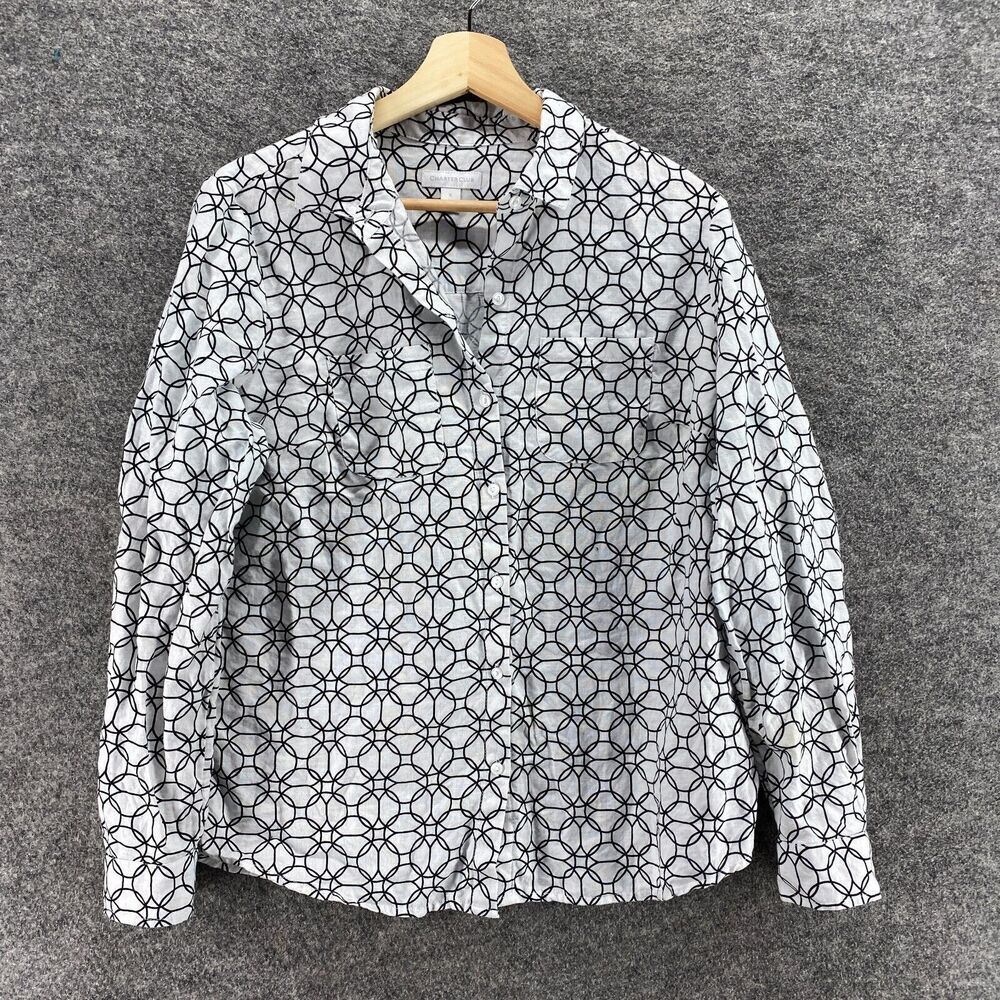Charter Club Shirt Women S Small White Geometric Button Up Collared Linen Casual